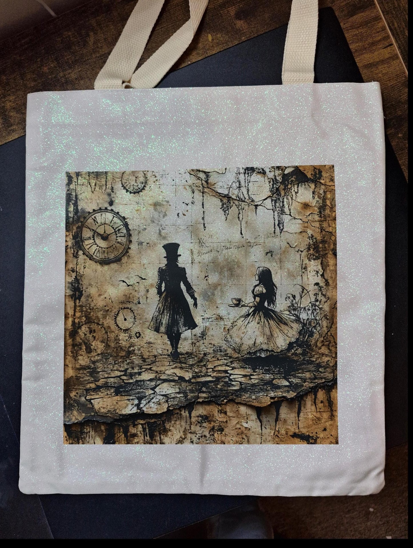 Glitter Tote Bag with Alice in Wonderland Design