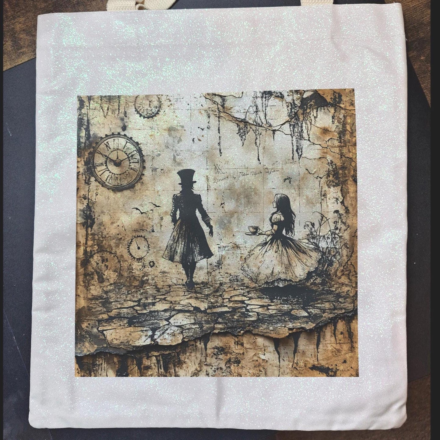 Glitter Tote Bag with Alice in Wonderland Design