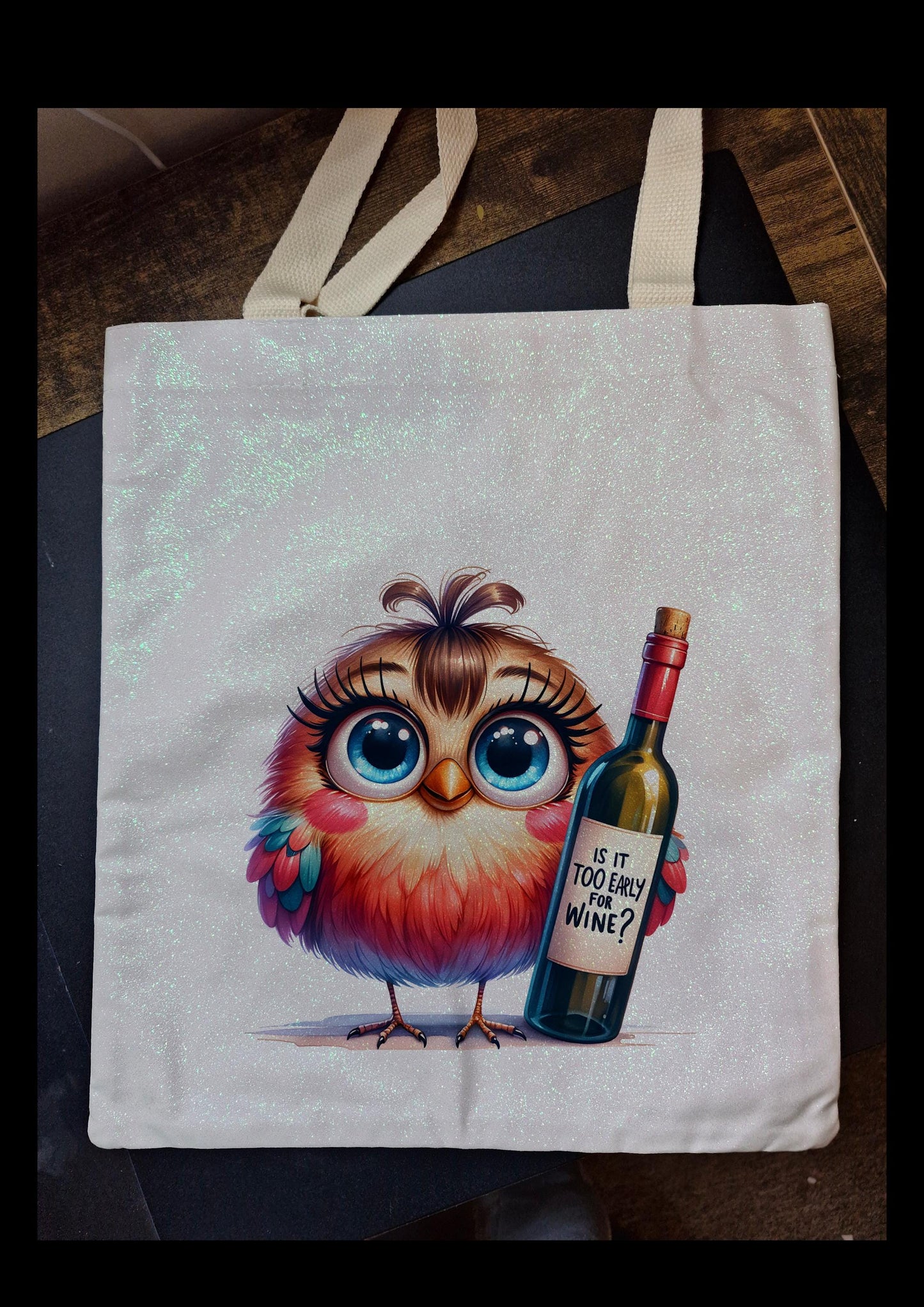 Glitter Tote Bag with 'Too Early for Wine' Design