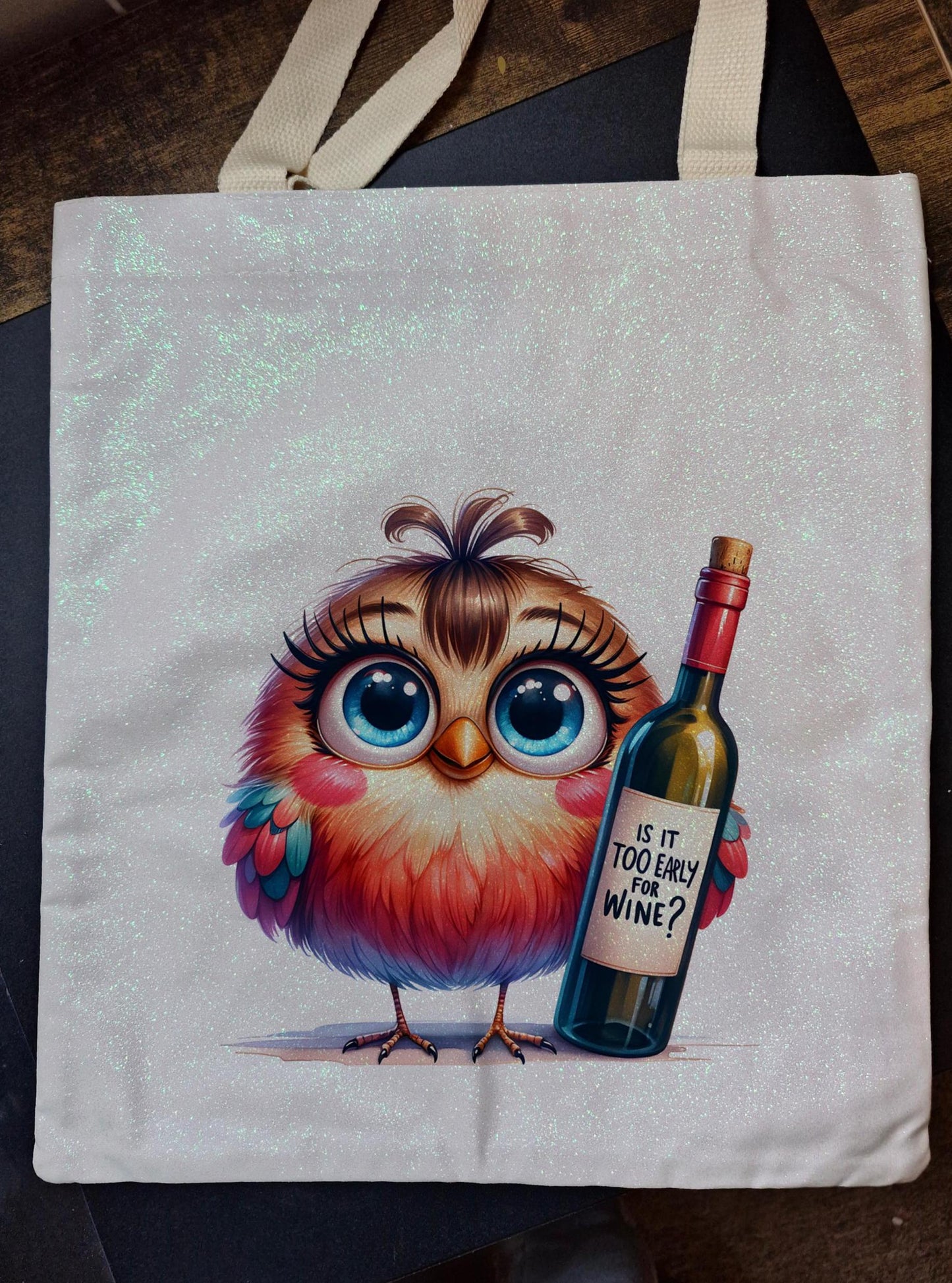 Glitter Tote Bag with 'Too Early for Wine' Design