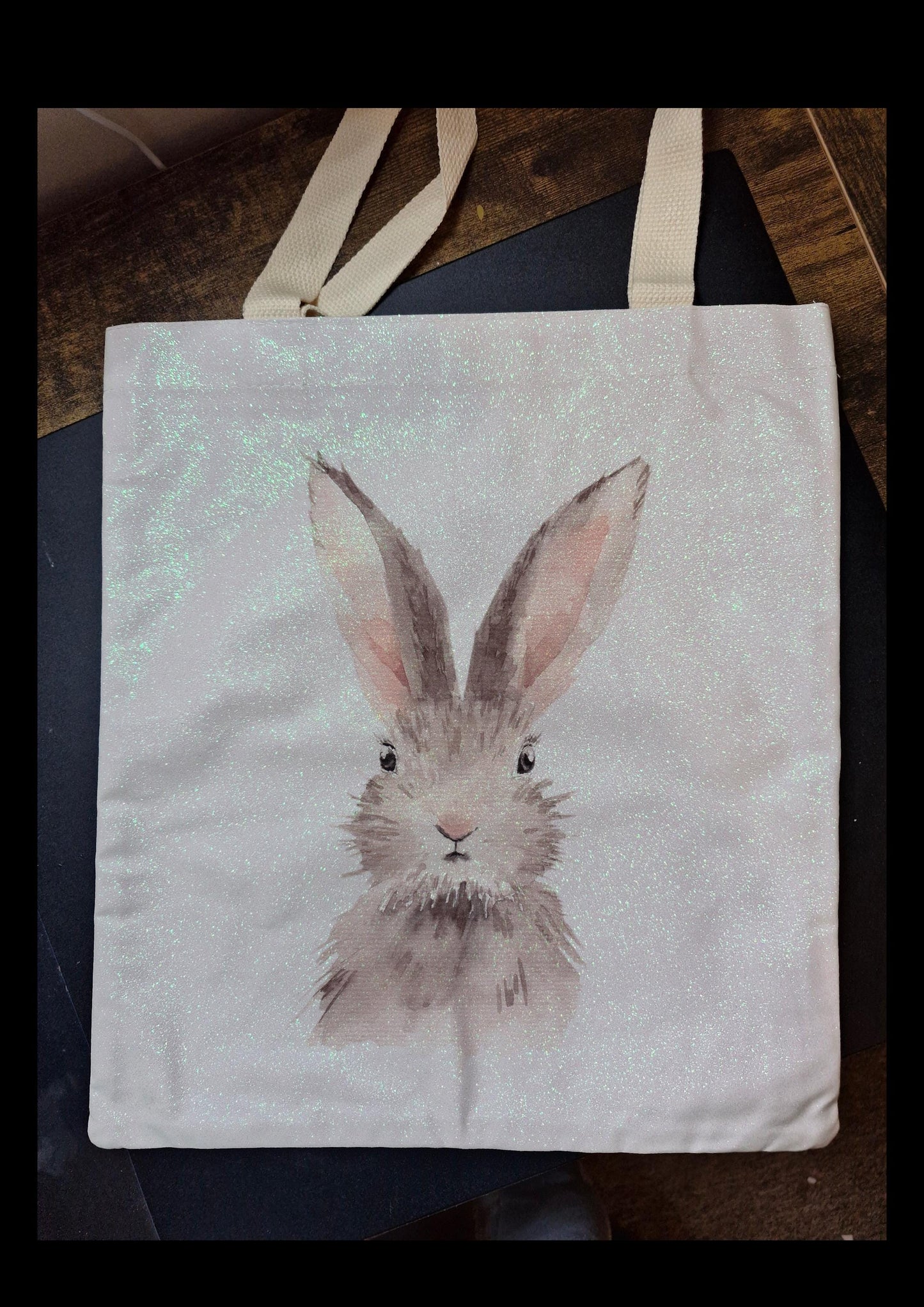 Glitter Tote Bag with watercolour rabbit Design