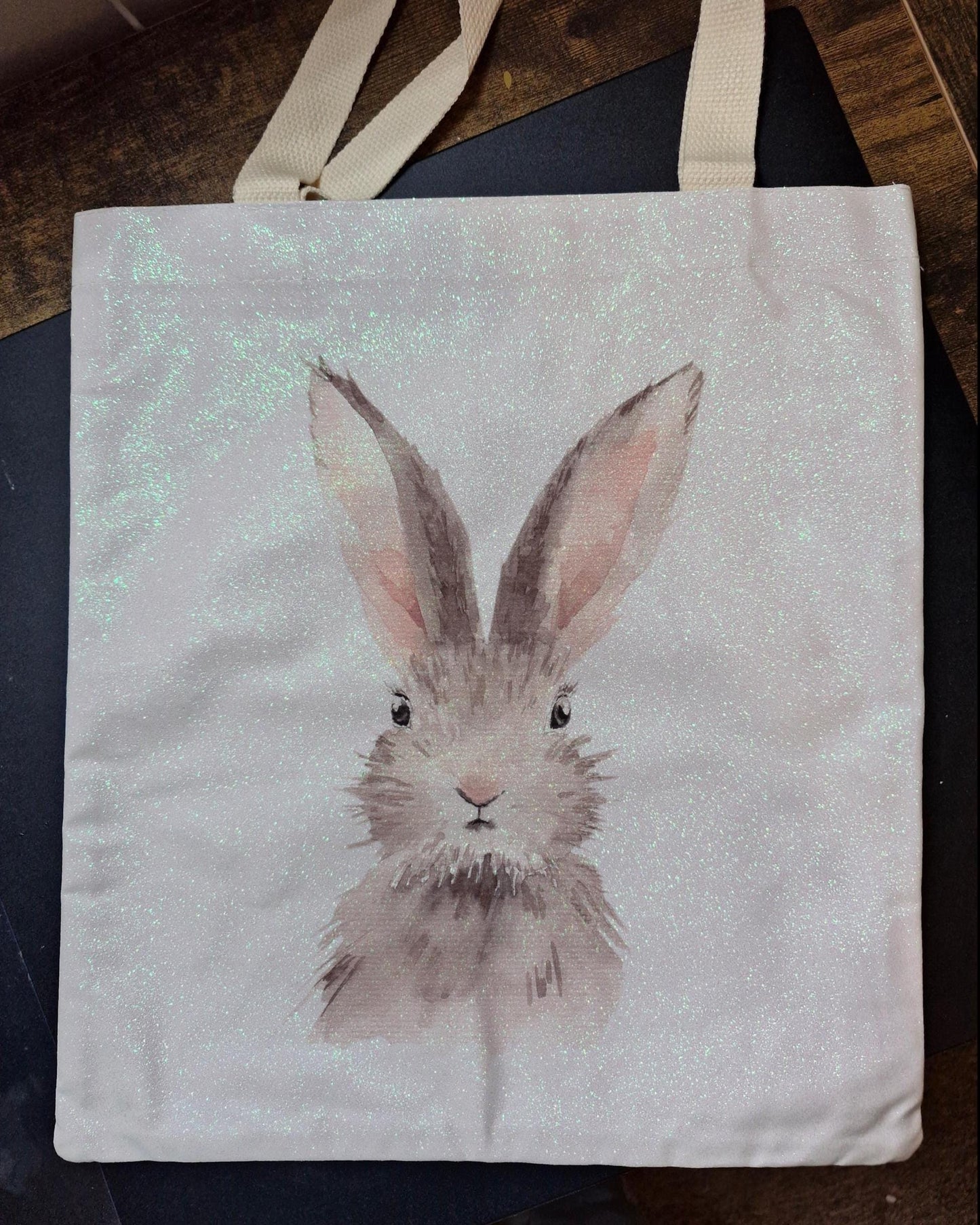 Glitter Tote Bag with watercolour rabbit Design