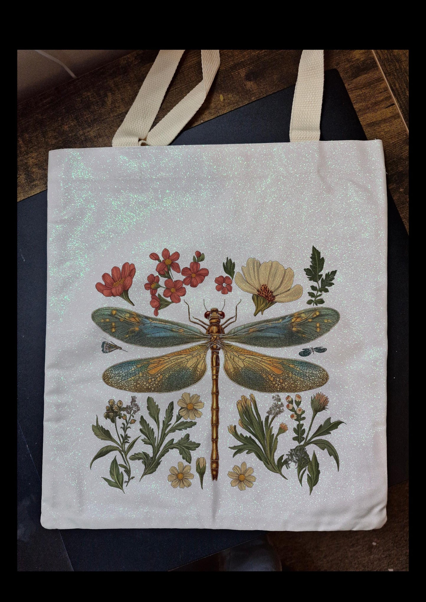 Glitter Tote Bag with Dragonfly floral Design