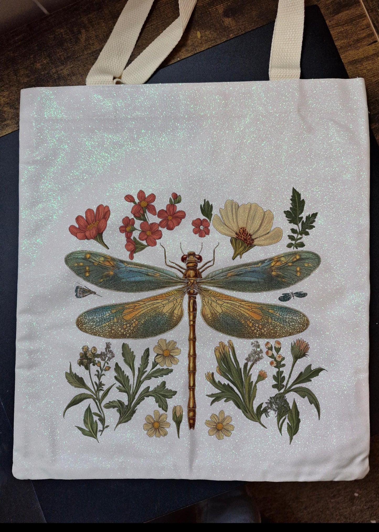 Glitter Tote Bag with Dragonfly floral Design