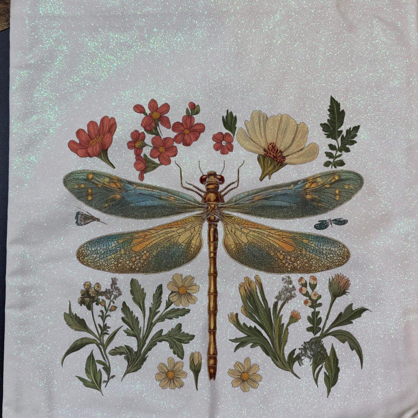 Glitter Tote Bag with Dragonfly floral Design