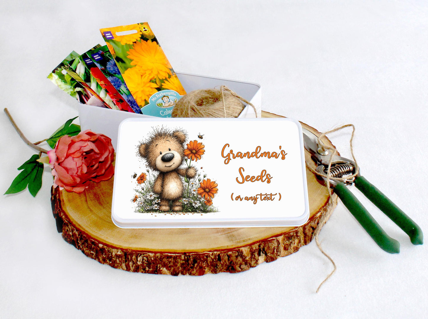 Storage tin with cute bear image. Seed storage tin. Any Text