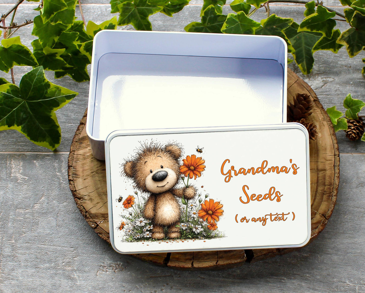 Storage tin with cute bear image. Seed storage tin. Any Text