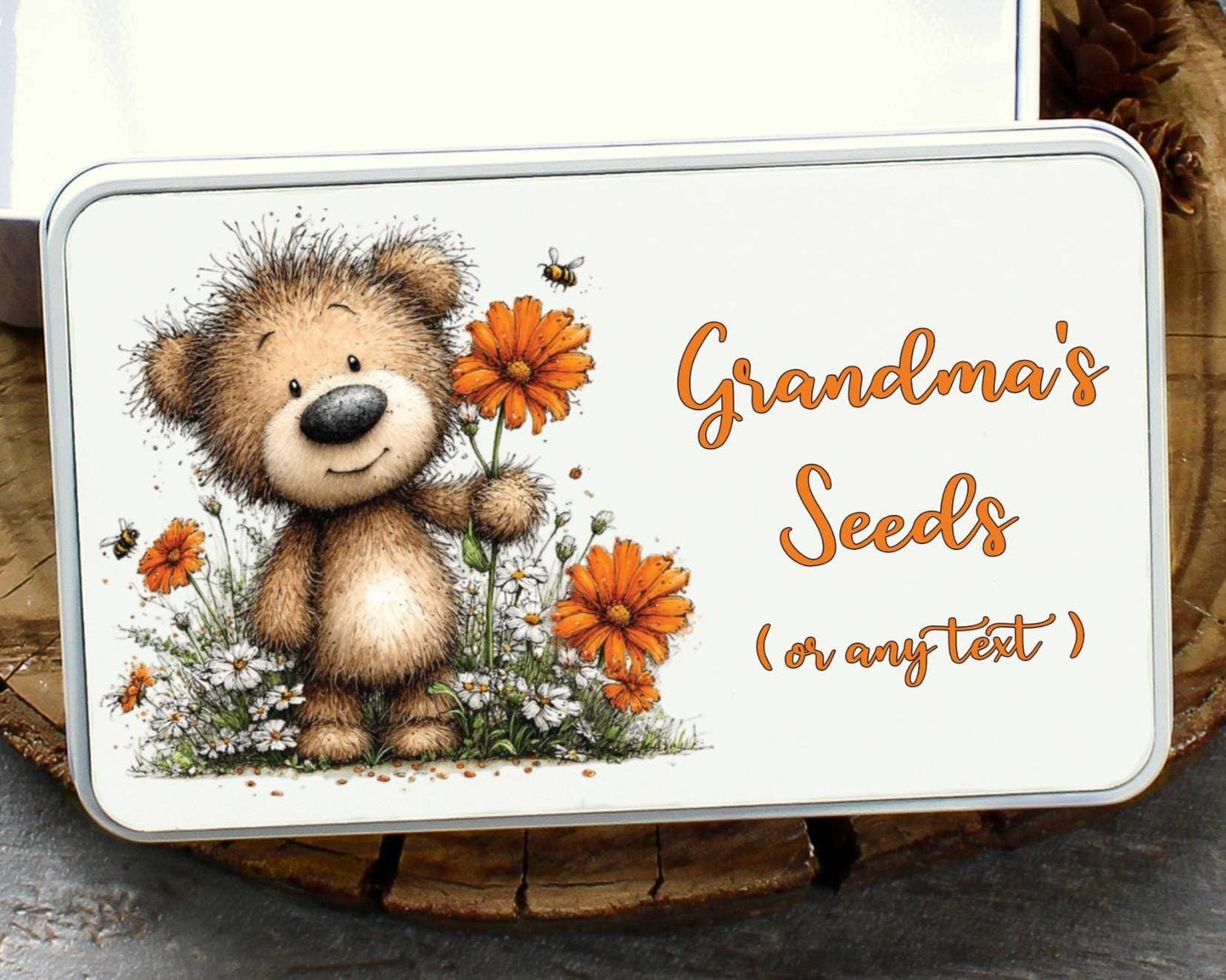 Storage tin with cute bear image. Seed storage tin. Any Text
