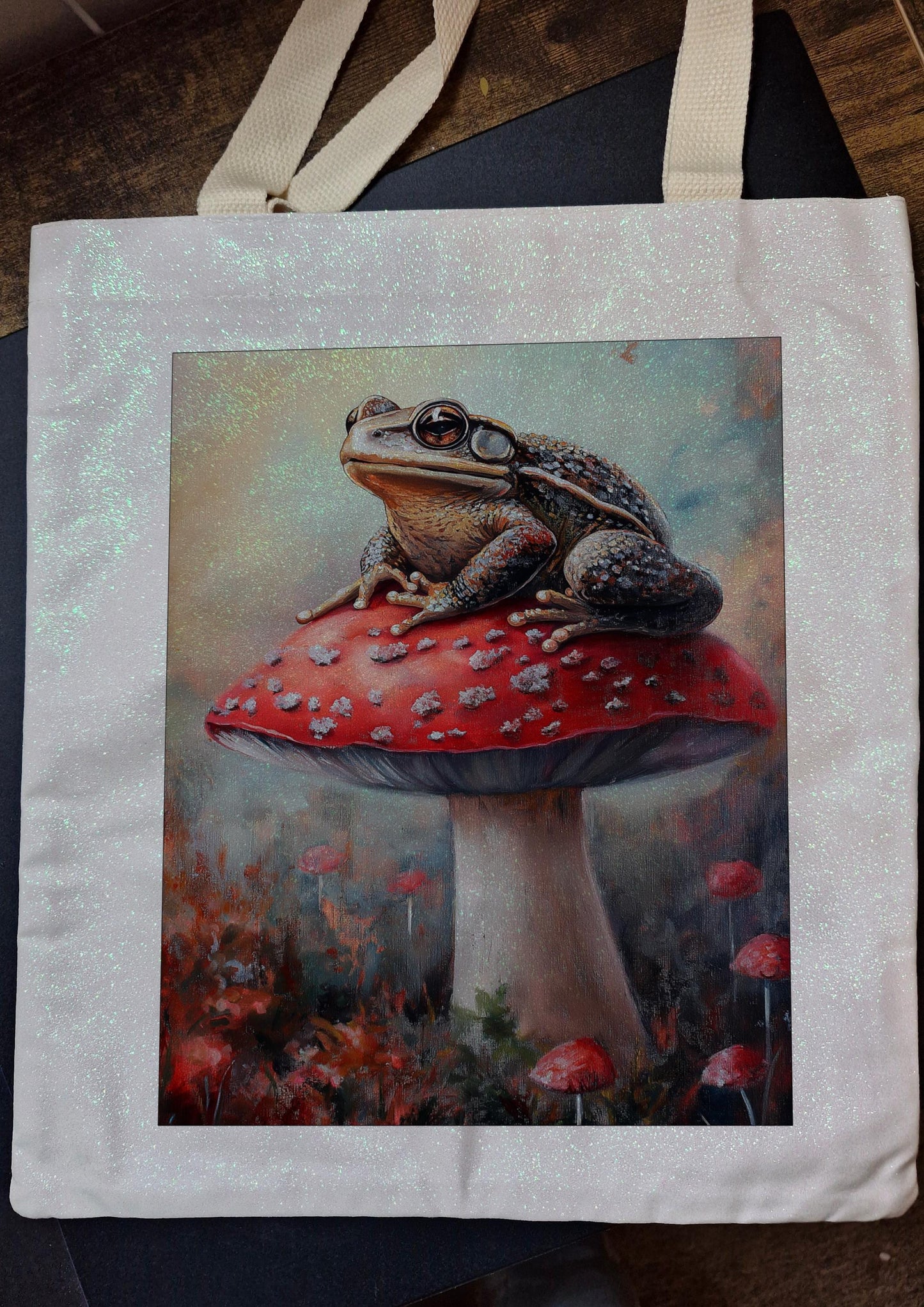 Glitter Tote Bag Toad and Mushroom Design