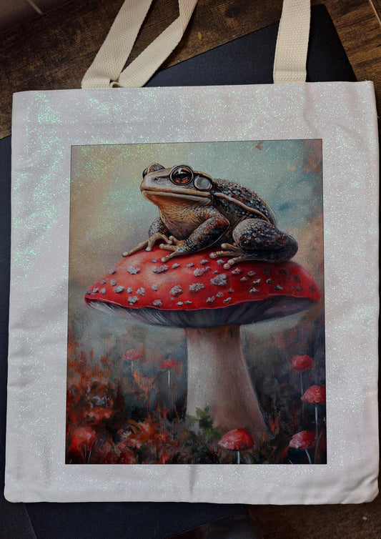Glitter Tote Bag Toad and Mushroom Design