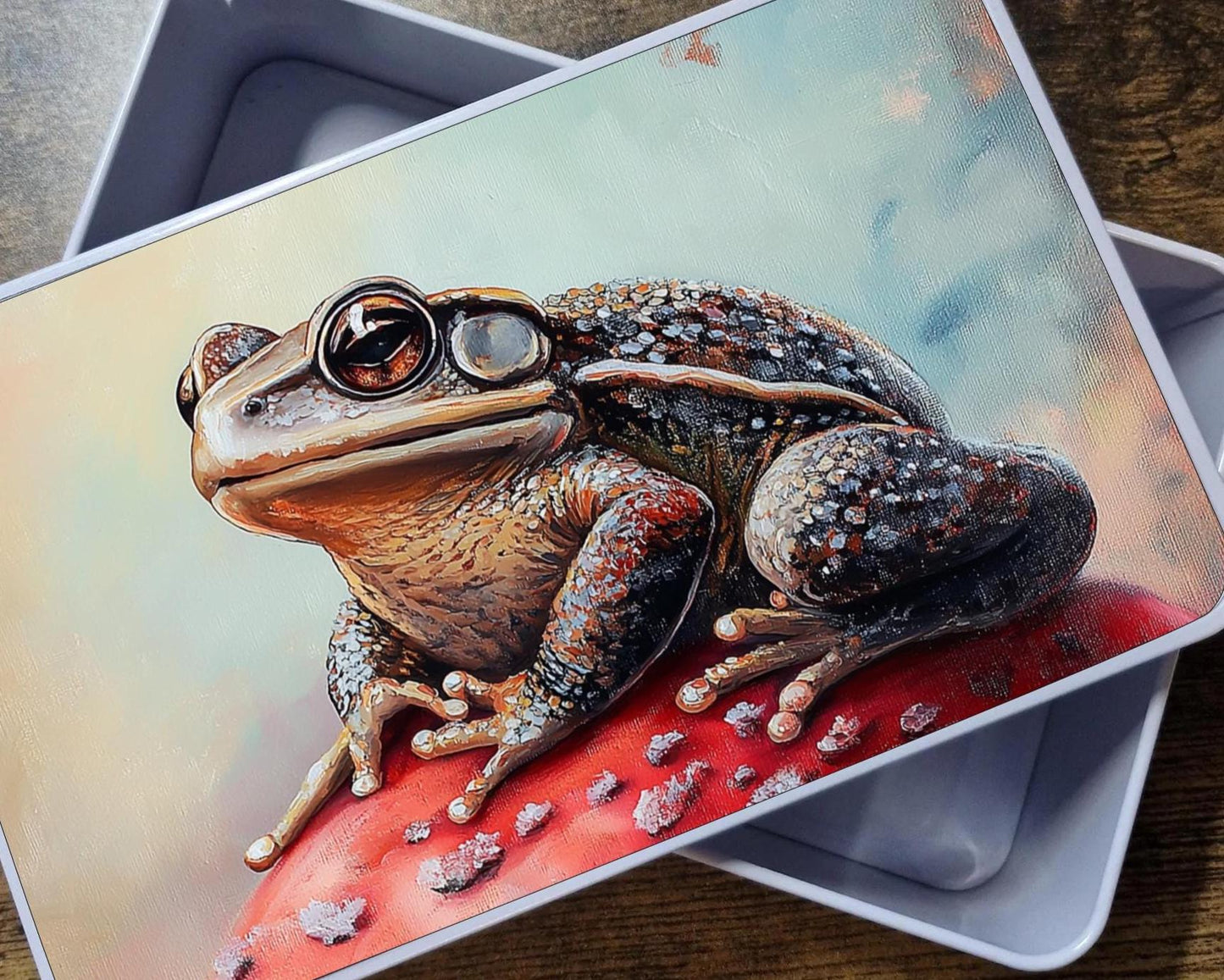 Storage tin with mushroom and toad printed top panel