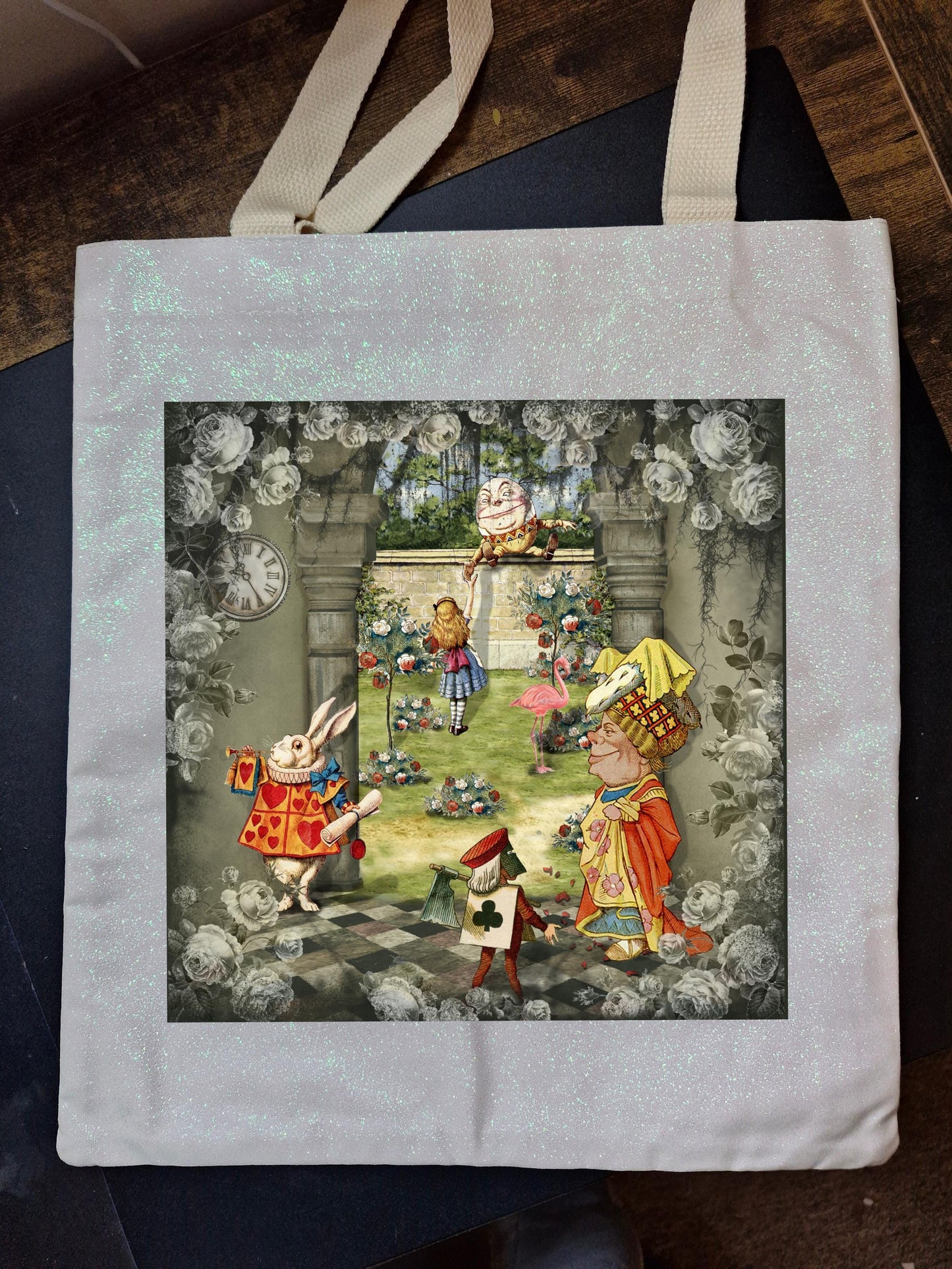 Alice in Wonderland themed Glitter Tote Bag