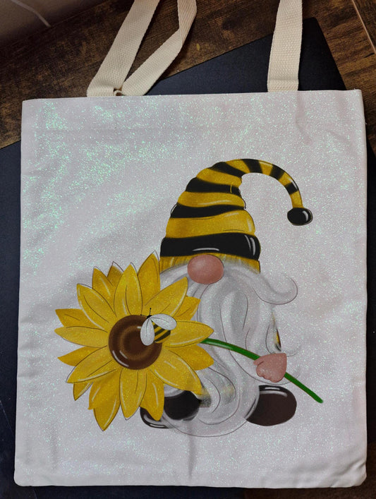 Glitter Tote Bag Gnome and Sunflower design