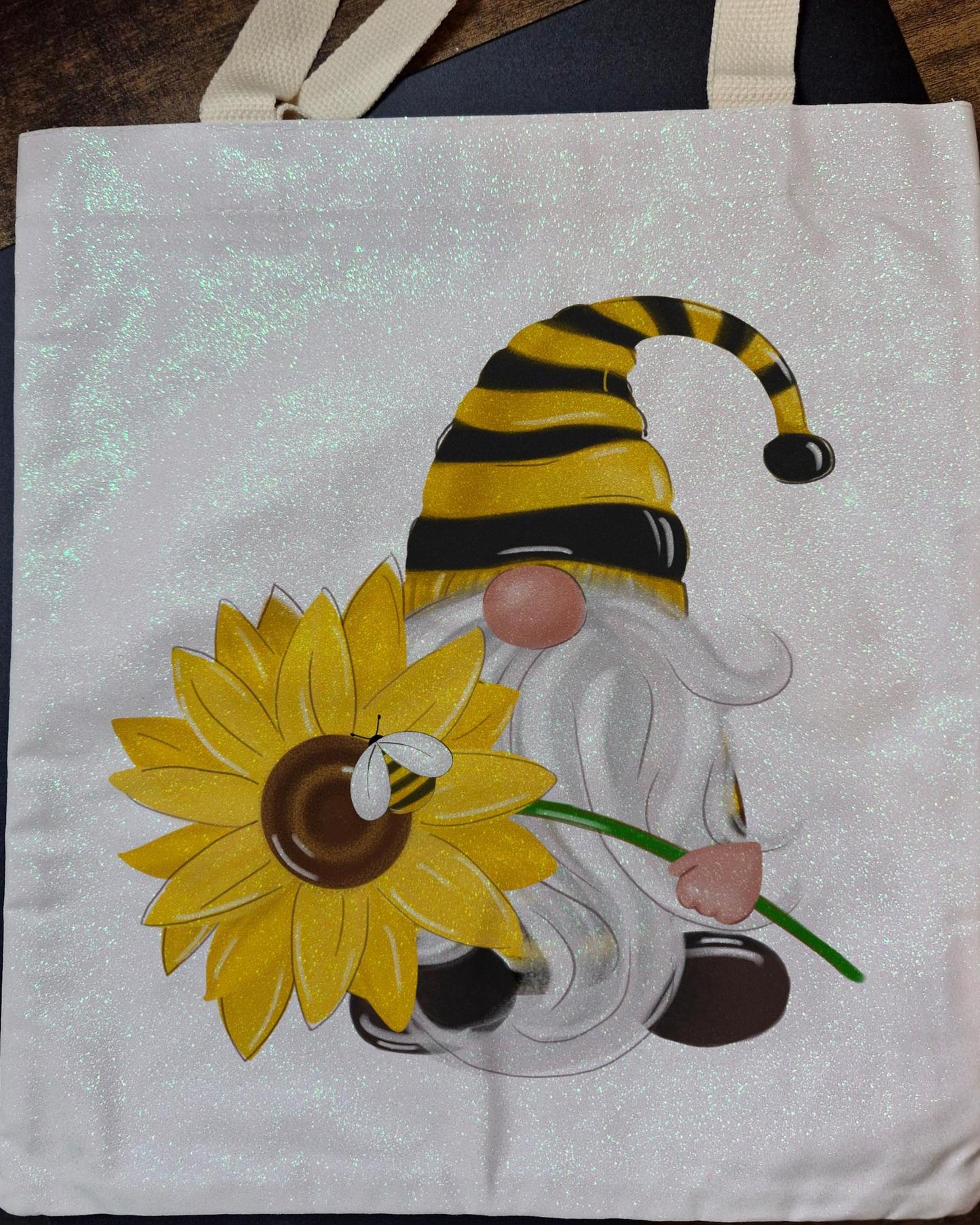 Glitter Tote Bag Gnome and Sunflower design