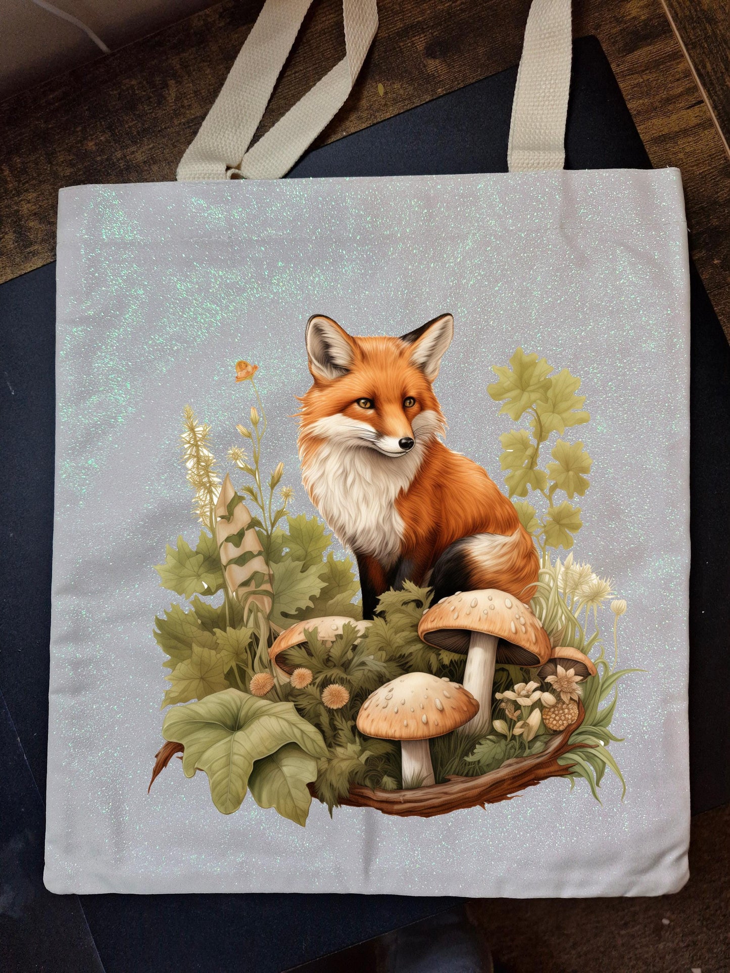 Glitter Tote Bag Fox nature design
