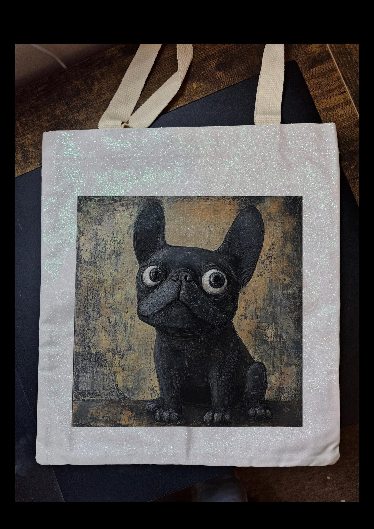 Tote Bag Glitter with cute Frenchie dog design