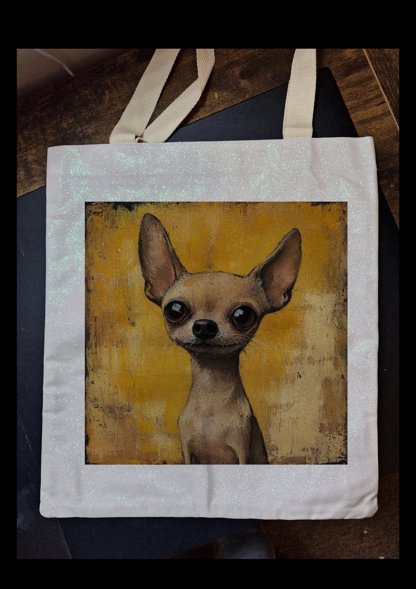Tote Bag Glitter with cute Chihuahua dog design