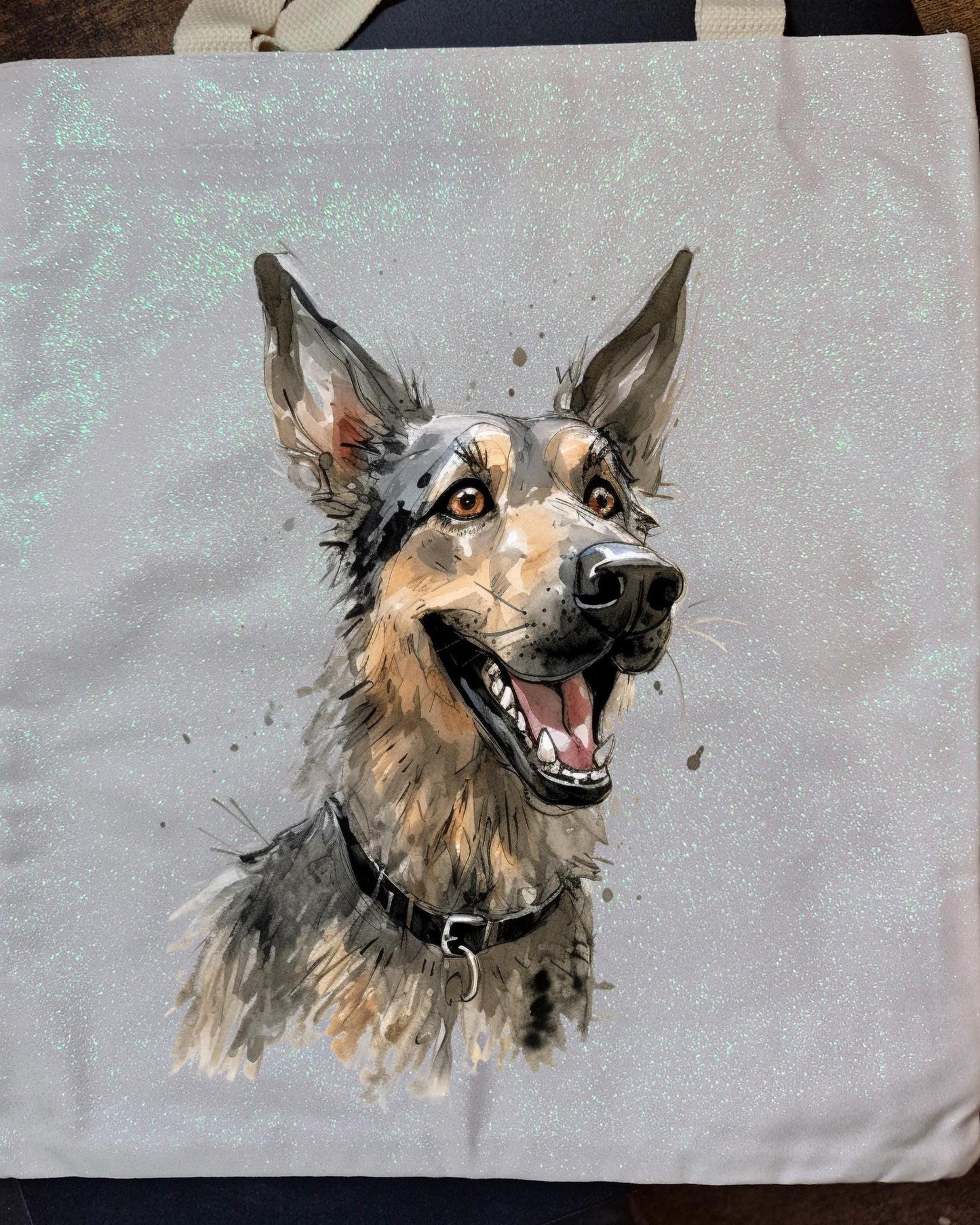 Glitter Tote Bag with German Shepherd image (34x38cm)