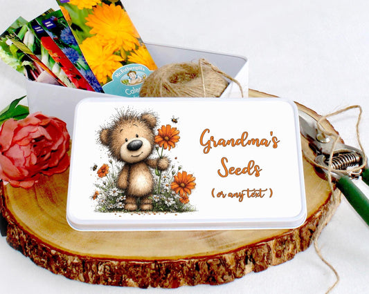 Storage tin with cute bear image. Seed storage tin. Any Text