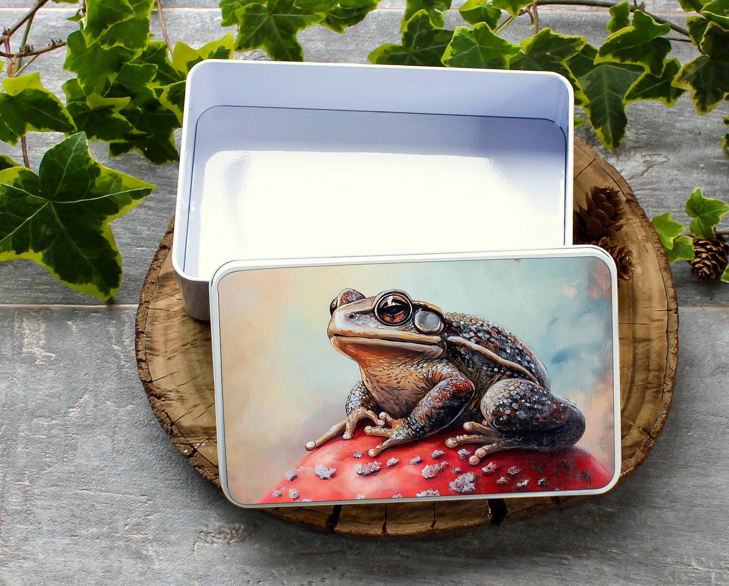 Storage tin with mushroom and toad printed top panel