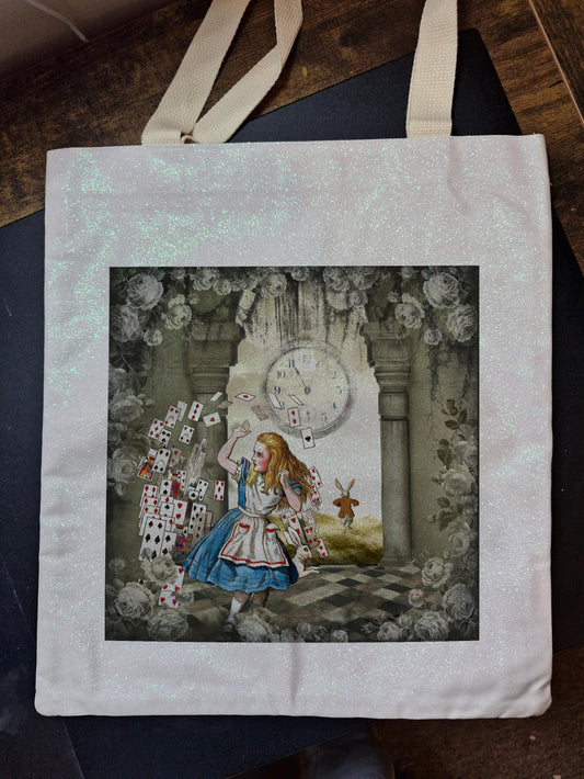Alice in Wonderland with Cards themed Glitter Tote Bag