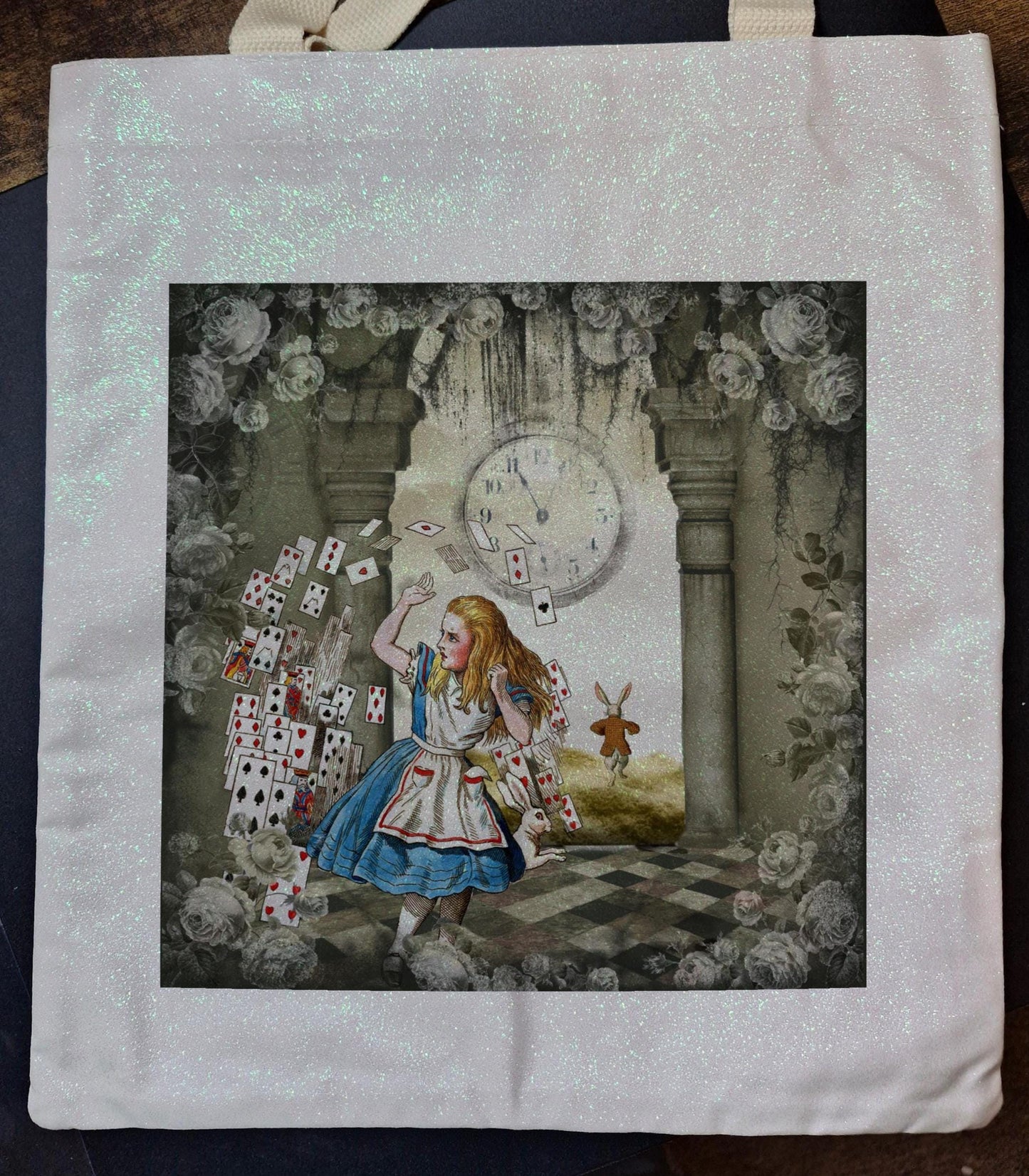 Alice in Wonderland with Cards themed Glitter Tote Bag