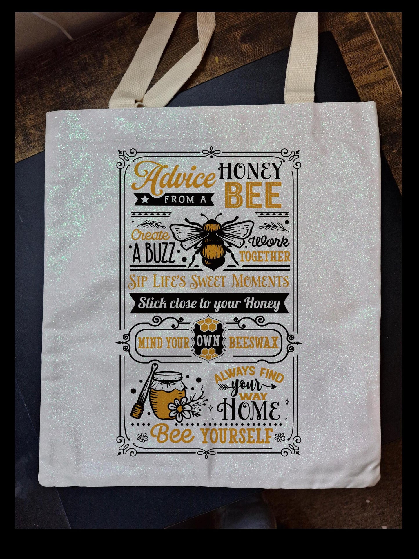 Glitter Tote Bag Bee Quote Design