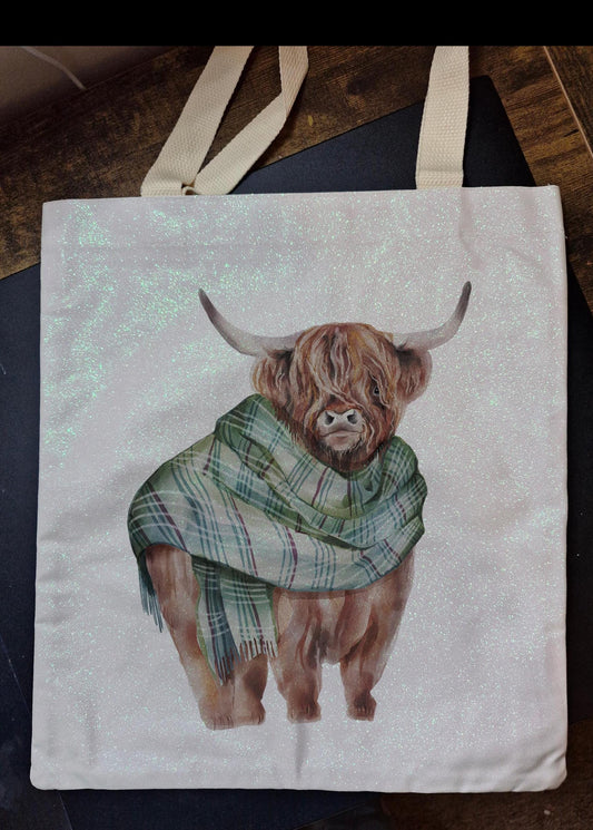 Glitter Tote Bag Highland Cow Tartan Design