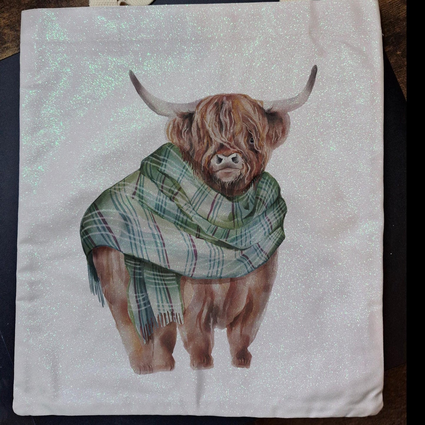 Glitter Tote Bag Highland Cow Tartan Design