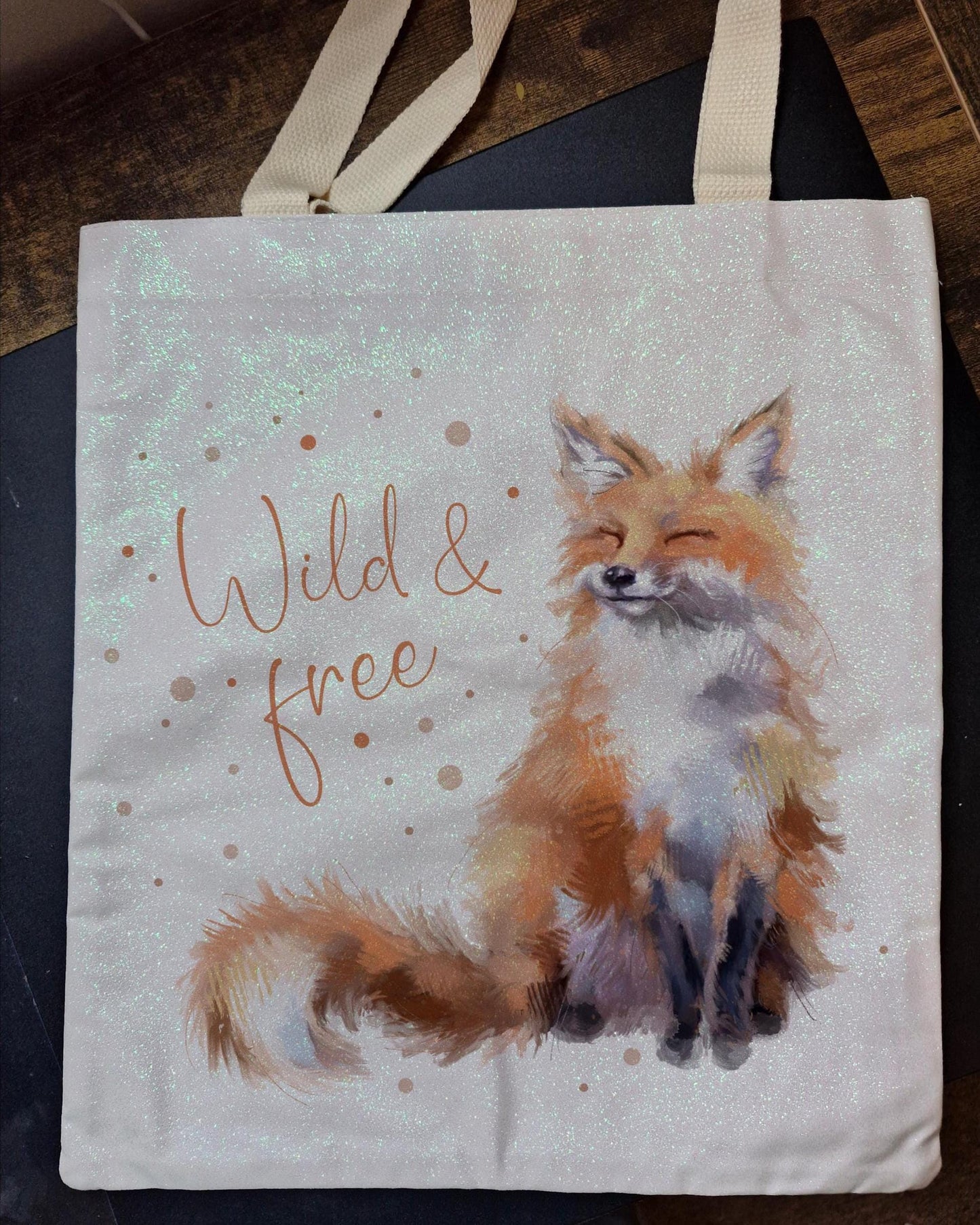 Glitter Tote Bag Fox Wild and Free Design