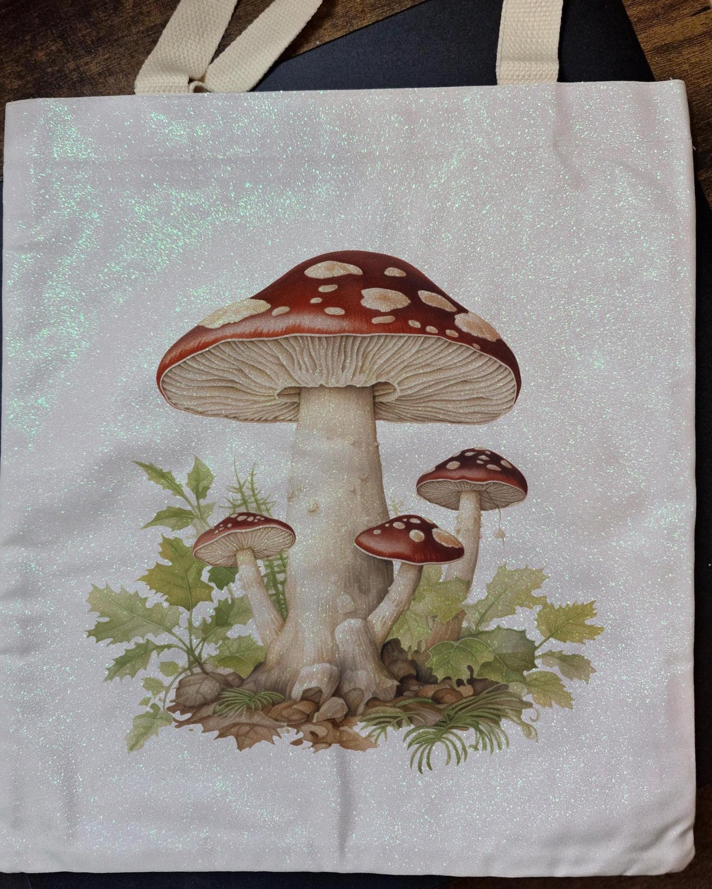 Glitter Tote Bag Mushrooms design