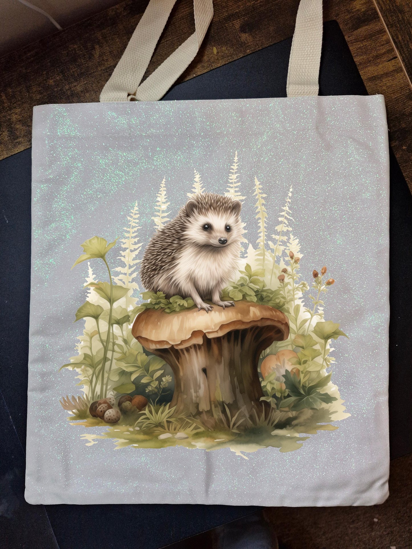 Glitter Tote Bag Hedgehog design