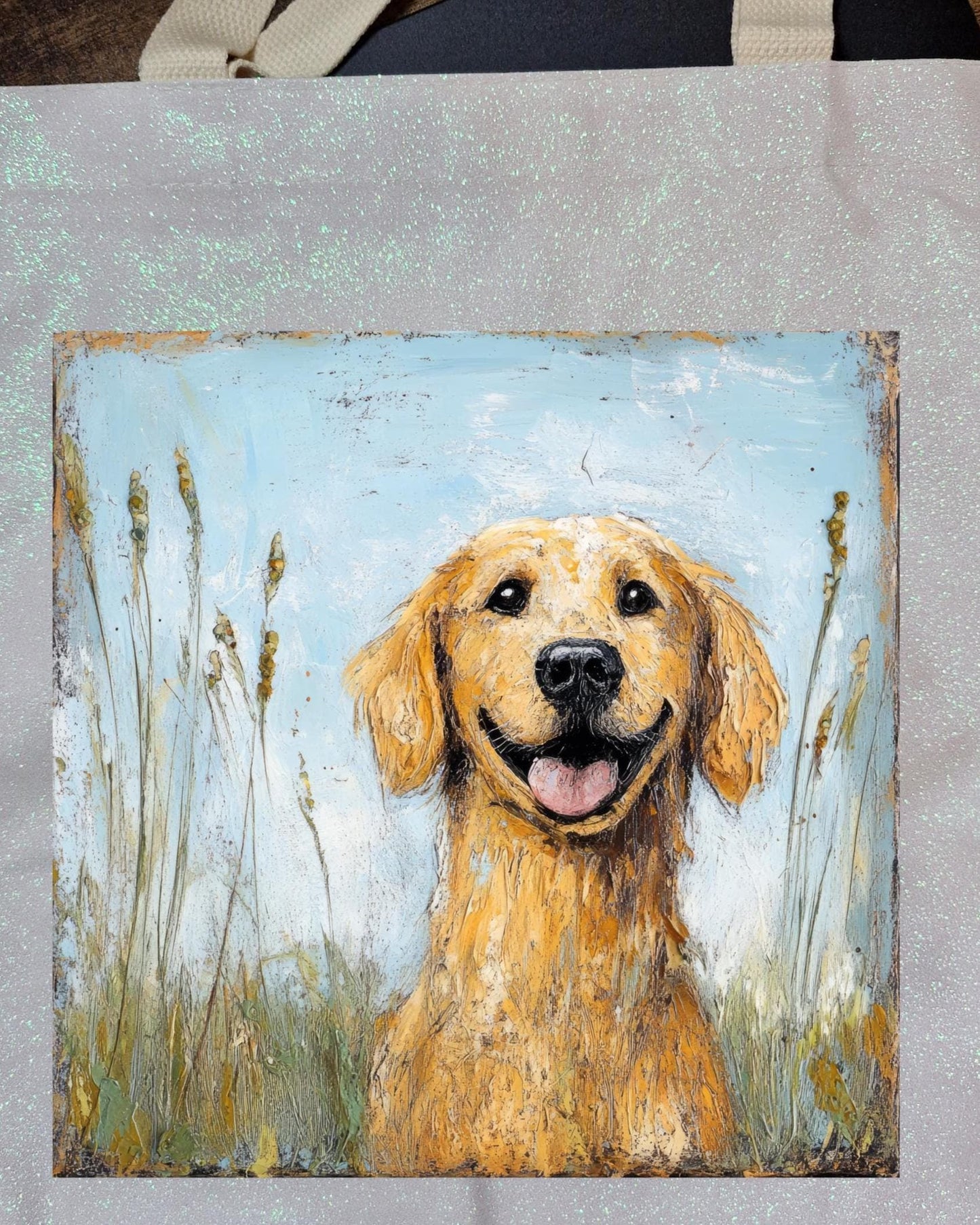 Tote Bag Glitter with cute Retriever dog design