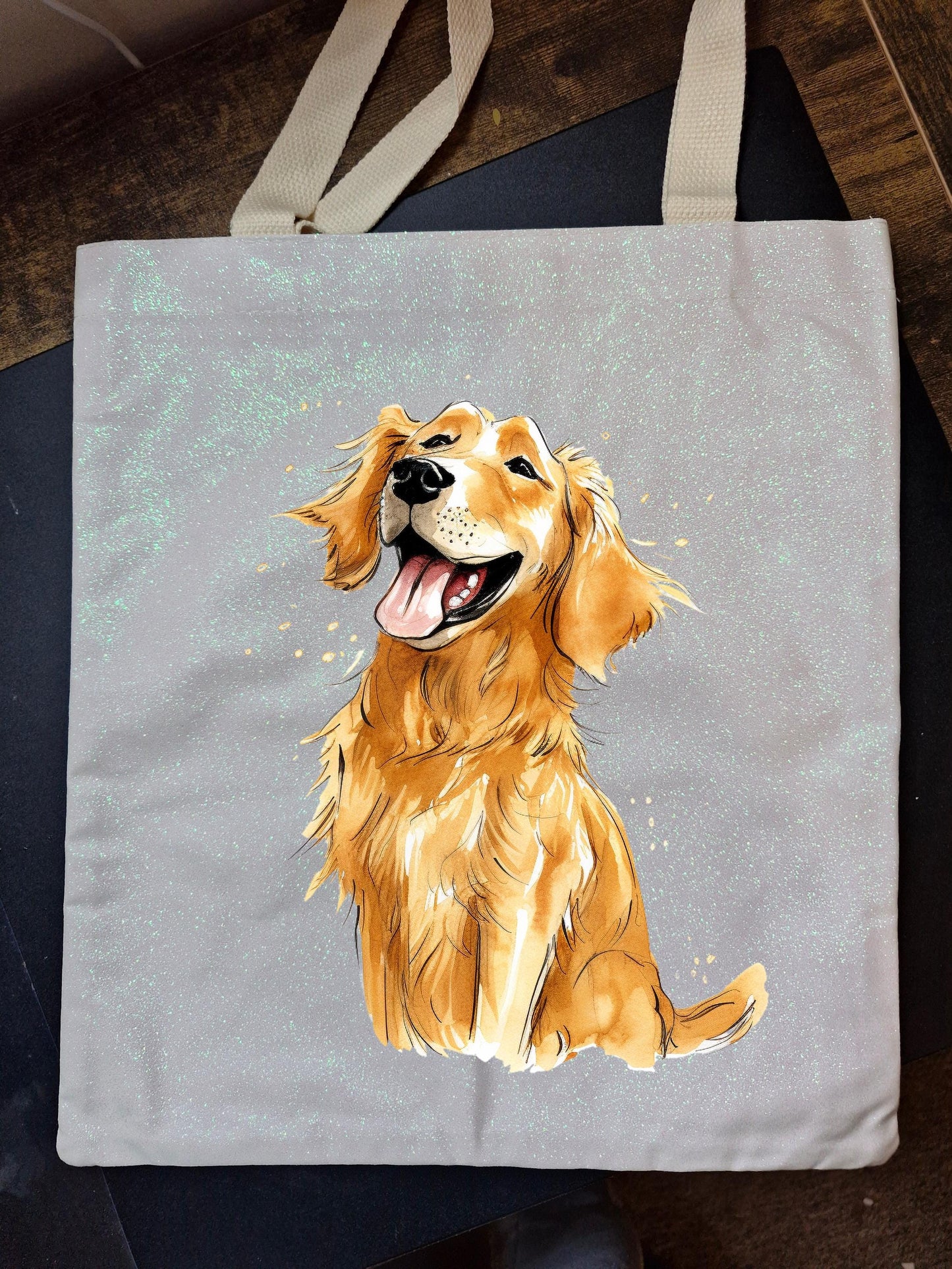 Glitter Tote Bag with Golden Retriever Dog Design (34x38cm)