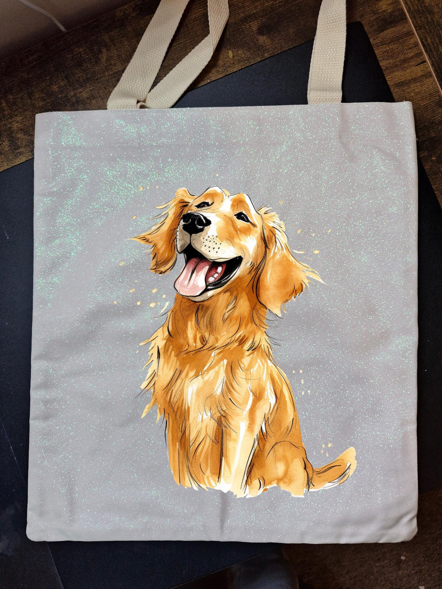 Glitter Tote Bag with Golden Retriever Dog Design (34x38cm)