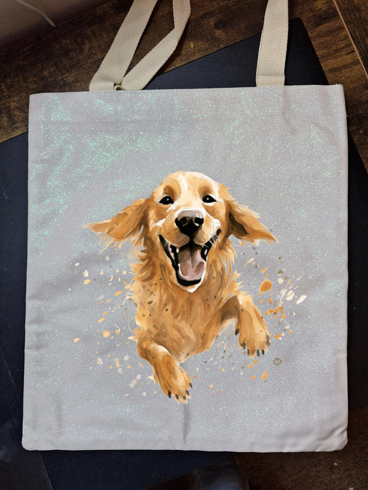 Glitter Tote Bag with Golden Retriever Dog Splash Design (34x38cm)
