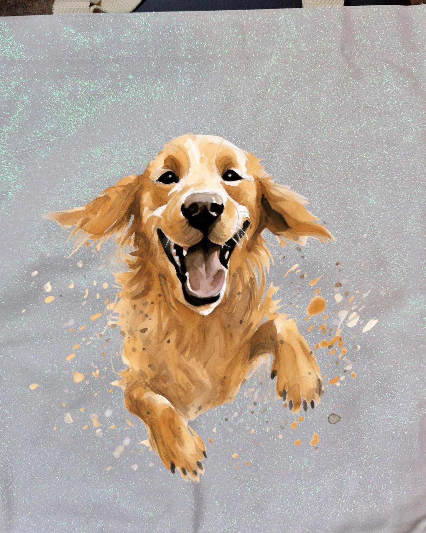 Glitter Tote Bag with Golden Retriever Dog Splash Design (34x38cm)