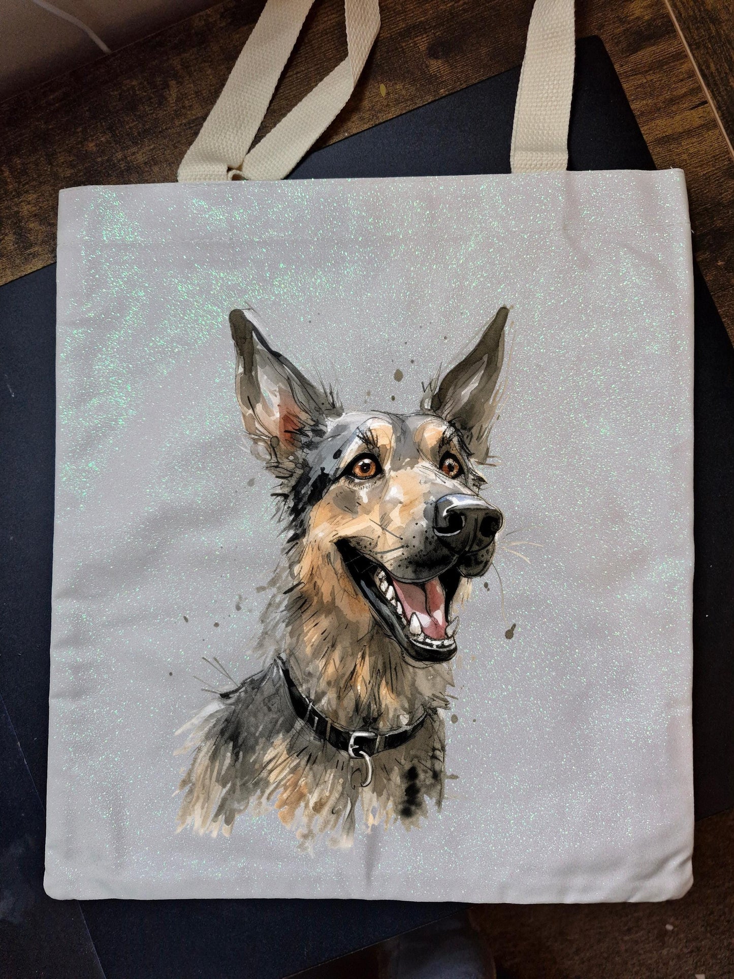 Glitter Tote Bag with German Shepherd image (34x38cm)