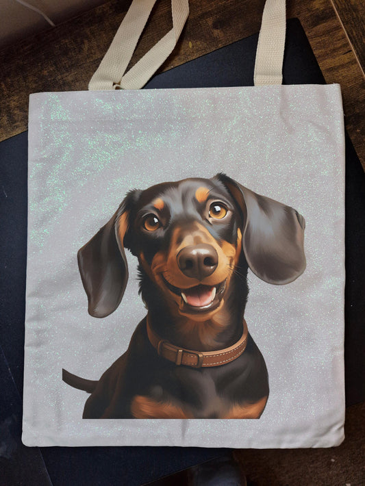 Glitter Tote Bag with Dachshund dog image (34x38cm)