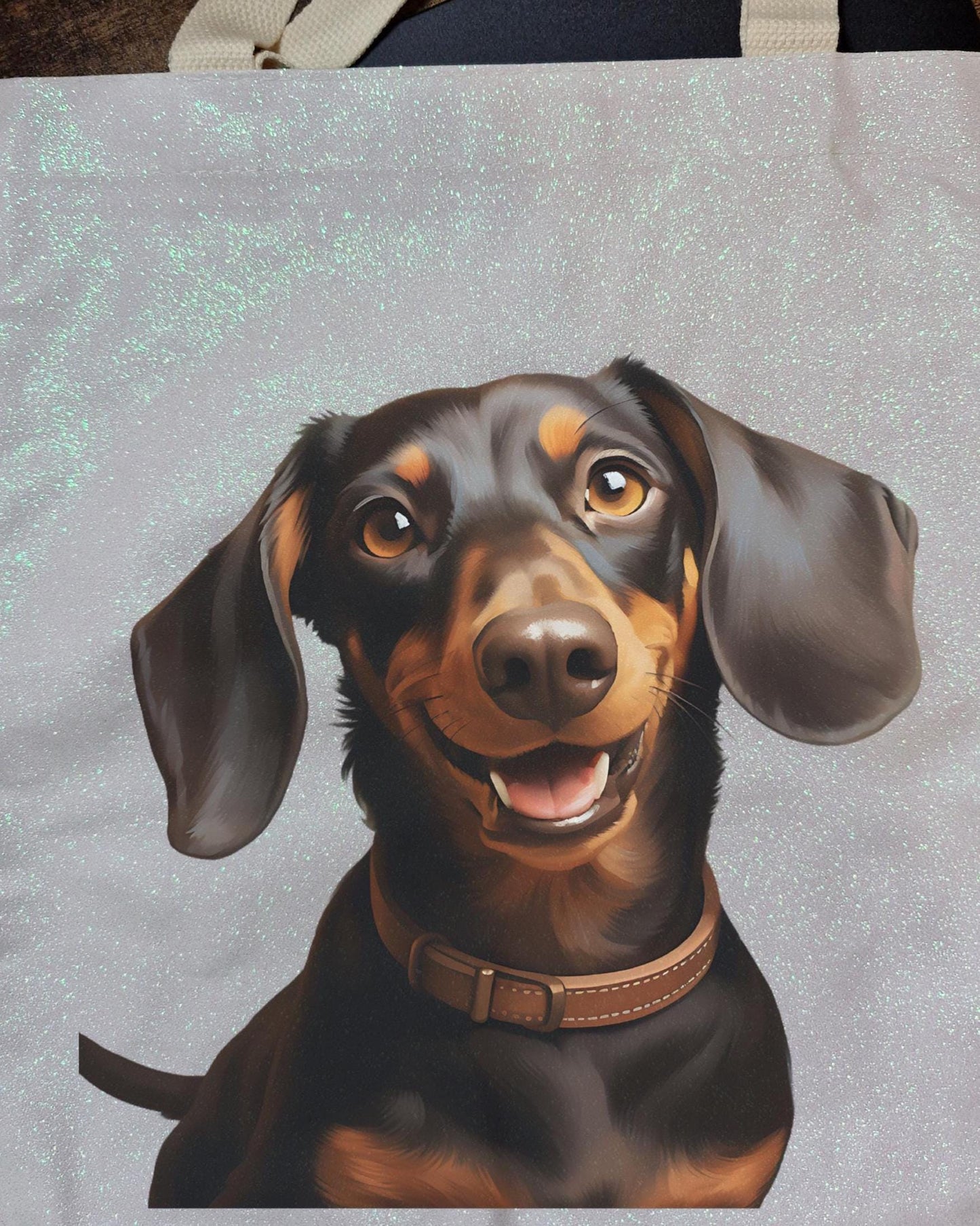 Glitter Tote Bag with Dachshund dog image (34x38cm)